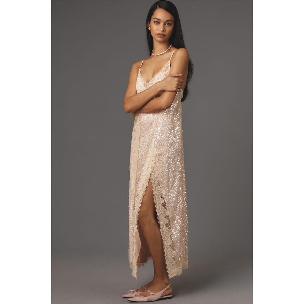 Anthropologie Sequin Lace Midi Dress in Blush